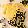3pcs Adorable Infant Baby Girl Outfit Set with Ruffle Ribbed Romper, Sunflower Print Pants, and Headband - Perfect for Playtime and Photos!