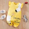 Newborn Infant Cute Cartoon Animal Printed Cotton Comfy Romper, Ruffled Sleeve Crew Neck Jumpsuit For Baby Girls, Summer Clothes