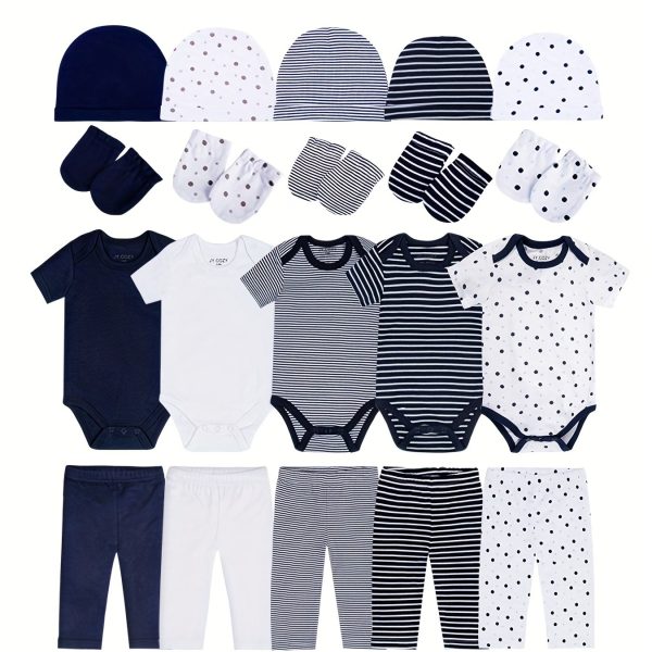 Baby Boy's 20pcs Newborn Clothes Gift Cotton Suit - 5pcs Short Sleeve Rompers +5pcs Pants +5pcs Hat +5pcs Gloves Set