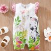 Newborn Infant Cute Cartoon Animal Printed Cotton Comfy Romper, Ruffled Sleeve Crew Neck Jumpsuit For Baby Girls, Summer Clothes