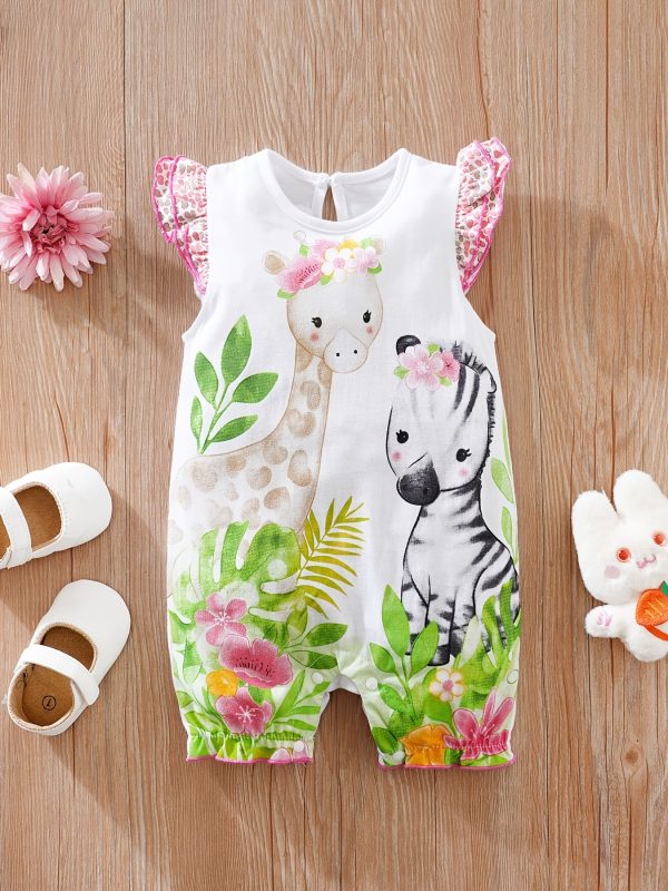 Newborn Infant Cute Cartoon Animal Printed Cotton Comfy Romper, Ruffled Sleeve Crew Neck Jumpsuit For Baby Girls, Summer Clothes