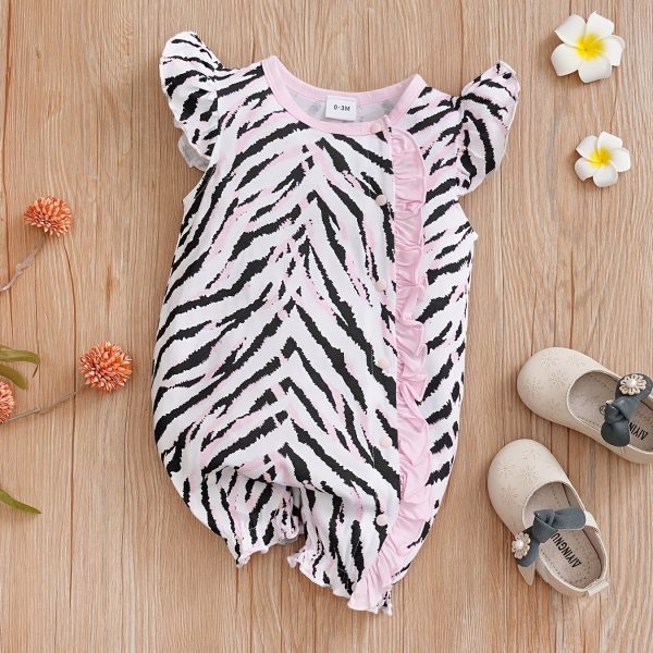 Newborn Infant Cute Cartoon Animal Printed Cotton Comfy Romper, Ruffled Sleeve Crew Neck Jumpsuit For Baby Girls, Summer Clothes