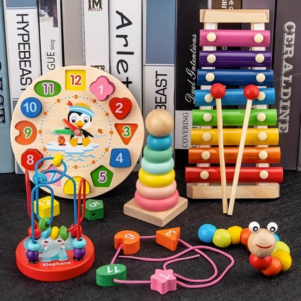 Five-in-one Baby And Toddler Early Education Toy Set, Clock Recognition Beaded Winding Beads Stacking Tower Eight-tone Xyiophone Twist Insect Montessori Early Education Activity Toy