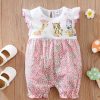 Newborn Infant Cute Cartoon Animal Printed Cotton Comfy Romper, Ruffled Sleeve Crew Neck Jumpsuit For Baby Girls, Summer Clothes