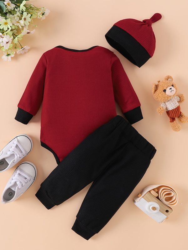 Waffle Bear Embroidery Cute Outfit Toddler Baby Boys Clothes Long Sleeve Triangle Romper +Casual Trousers + Hat Set For Fall Winter