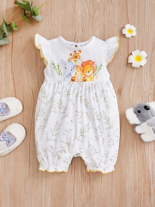 Newborn Infant Cute Cartoon Animal Printed Cotton Comfy Romper, Ruffled Sleeve Crew Neck Jumpsuit For Baby Girls, Summer Clothes