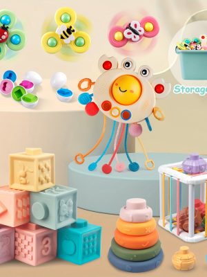 6 In 1 Baby Toys, Montessori Toy Soft Building Blocks Stacking Ring Infant Teething Toy Pull String Toy, Suction Cup Spinner Toy Eggs Color Matching Game Shape Sorter Sensory Bin