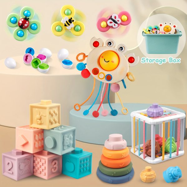 6 In 1 Baby Toys, Montessori Toy Soft Building Blocks Stacking Ring Infant Teething Toy Pull String Toy, Suction Cup Spinner Toy Eggs Color Matching Game Shape Sorter Sensory Bin