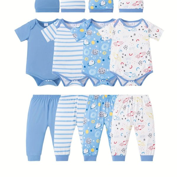 4 Sets Baby's Cartoon Pattern Short Sleeve Set, Onesie & Hat & Pants, Baby Boy's Clothing