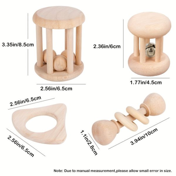 4 pieces Montessori Wooden Baby Rattle Set - Natural Teething Ring and Geometric Grab Toy - Perfect Gift for Infants and Toddlers on Christmas, Halloween, and Thanksgiving