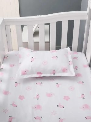 3Pcs Cotton Crib Bed Linen Kit For Boy Girl Baby Bedding Set Includes Bed Quilt/bed Cover/bed Skirt Cute Cartoon Elephant Print