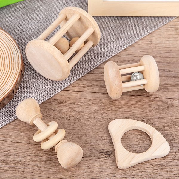 4 pieces Montessori Wooden Baby Rattle Set - Natural Teething Ring and Geometric Grab Toy - Perfect Gift for Infants and Toddlers on Christmas, Halloween, and Thanksgiving