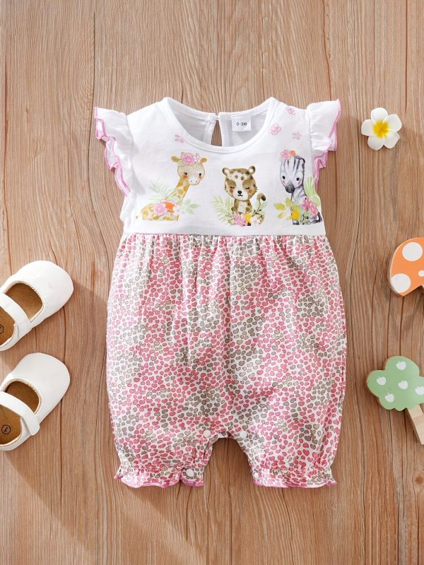 Newborn Infant Cute Cartoon Animal Printed Cotton Comfy Romper, Ruffled Sleeve Crew Neck Jumpsuit For Baby Girls, Summer Clothes
