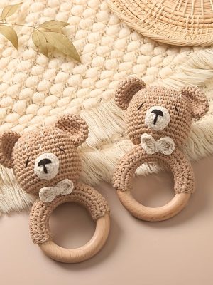 Baby Beech Wooden Pure Cotton Crochet Ringing Bell, Brown Bear Ring Wooden Baby Gym Montessori Toy Halloween Easter Gift