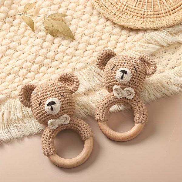 5629035f1fa9b54cf3b194ad159fb5aa.jpg Baby Beech Wooden Pure Cotton Crochet Ringing Bell, Brown Bear Ring Wooden Baby Gym Montessori Toy Halloween Easter Gift