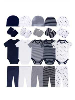 Baby Boy's 20pcs Newborn Clothes Gift Cotton Suit - 5pcs Short Sleeve Rompers +5pcs Pants +5pcs Hat +5pcs Gloves Set