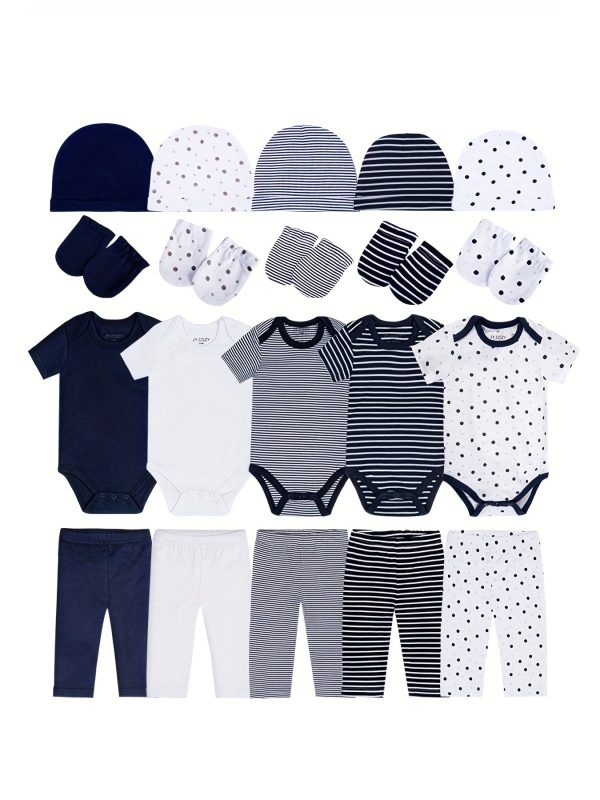 Baby Boy's 20pcs Newborn Clothes Gift Cotton Suit - 5pcs Short Sleeve Rompers +5pcs Pants +5pcs Hat +5pcs Gloves Set