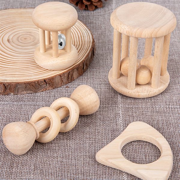 4 pieces Montessori Wooden Baby Rattle Set - Natural Teething Ring and Geometric Grab Toy - Perfect Gift for Infants and Toddlers on Christmas, Halloween, and Thanksgiving