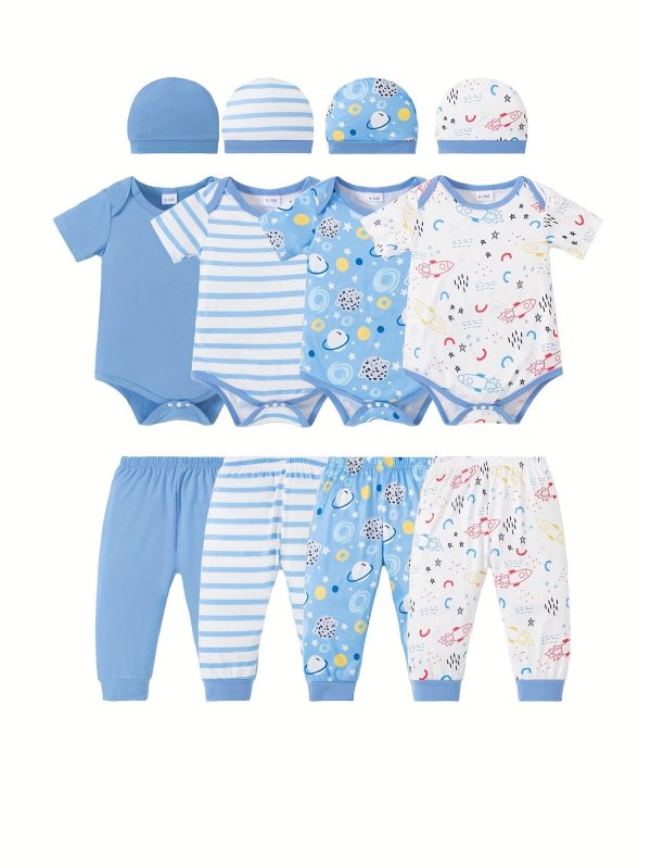 4 Sets Baby's Cartoon Pattern Short Sleeve Set, Onesie & Hat & Pants, Baby Boy's Clothing