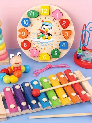 Five-in-one Baby And Toddler Early Education Toy Set, Clock Recognition Beaded Winding Beads Stacking Tower Eight-tone Xyiophone Twist Insect Montessori Early Education Activity Toy