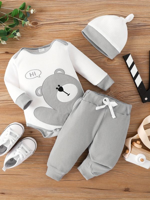 Waffle Bear Embroidery Cute Outfit Toddler Baby Boys Clothes Long Sleeve Triangle Romper +Casual Trousers + Hat Set For Fall Winter