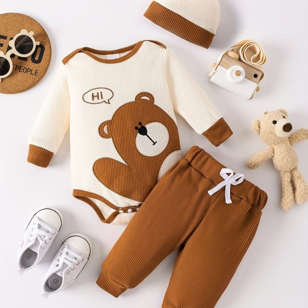 Waffle Bear Embroidery Cute Outfit Toddler Baby Boys Clothes Long Sleeve Triangle Romper +Casual Trousers + Hat Set For Fall Winter