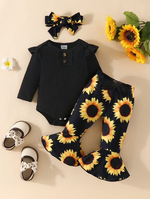 9617059548516a18b7f1a4d297710980-1.jpg 3pcs Adorable Infant Baby Girl Outfit Set with Ruffle Ribbed Romper, Sunflower Print Pants, and Headband - Perfect for Playtime and Photos!