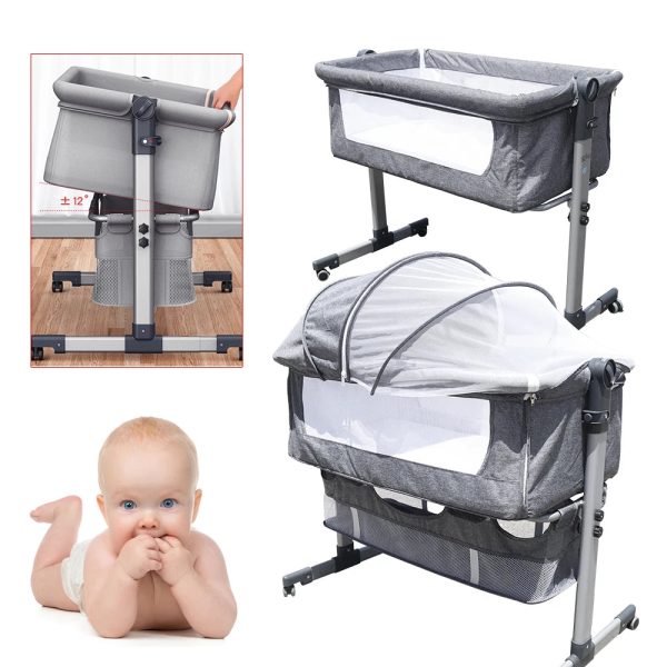 Baby Bed Side Crib Newborn Bassinet Bedside Crib Infant Sleeper Bed Cradle Gray Adjustable Tilting Cradle Bed Portable 80-85cm