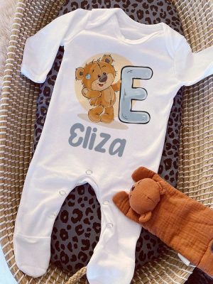 Personalised Baby Sleepsuit Cartoon Bear Letter Babygrow Sleepsuit Infant Coming Home Outfit Custom Name Romper Newbron Present