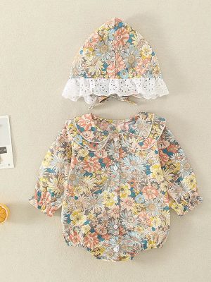 Summer Baby Girls Romper+Hat Cotton Peter Pan collar Ruffles Lace Long Sleeve Infant Newborn Jumpsuits Bebe Cute Garments 3-24M