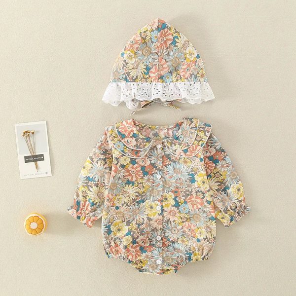 Summer Baby Girls Romper+Hat Cotton Peter Pan collar Ruffles Lace Long Sleeve Infant Newborn Jumpsuits Bebe Cute Garments 3-24M