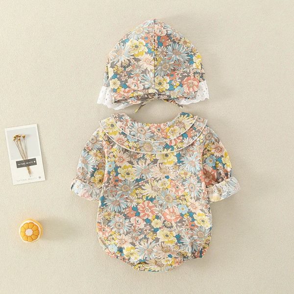 Summer Baby Girls Romper+Hat Cotton Peter Pan collar Ruffles Lace Long Sleeve Infant Newborn Jumpsuits Bebe Cute Garments 3-24M
