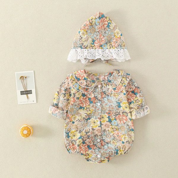 Summer Baby Girls Romper+Hat Cotton Peter Pan collar Ruffles Lace Long Sleeve Infant Newborn Jumpsuits Bebe Cute Garments 3-24M