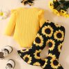 3pcs Adorable Infant Baby Girl Outfit Set with Ruffle Ribbed Romper, Sunflower Print Pants, and Headband - Perfect for Playtime and Photos!