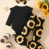 3pcs Adorable Infant Baby Girl Outfit Set with Ruffle Ribbed Romper, Sunflower Print Pants, and Headband - Perfect for Playtime and Photos!