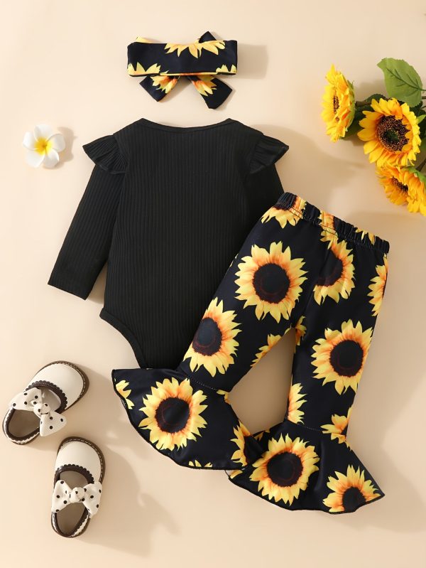 b8d4e4bc9ab7103c1ff51b54eb7ced02-1.jpg 3pcs Adorable Infant Baby Girl Outfit Set with Ruffle Ribbed Romper, Sunflower Print Pants, and Headband - Perfect for Playtime and Photos!