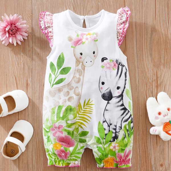 Newborn Infant Cute Cartoon Animal Printed Cotton Comfy Romper, Ruffled Sleeve Crew Neck Jumpsuit For Baby Girls, Summer Clothes