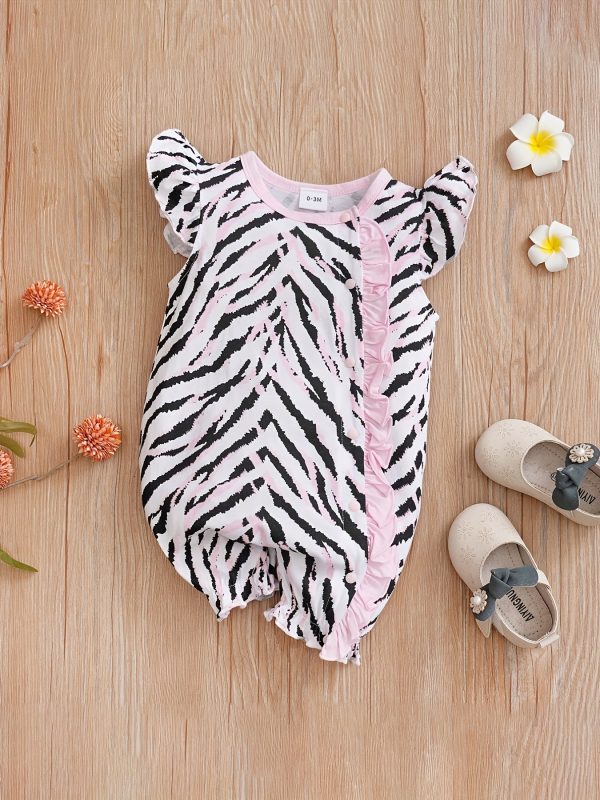 Newborn Infant Cute Cartoon Animal Printed Cotton Comfy Romper, Ruffled Sleeve Crew Neck Jumpsuit For Baby Girls, Summer Clothes