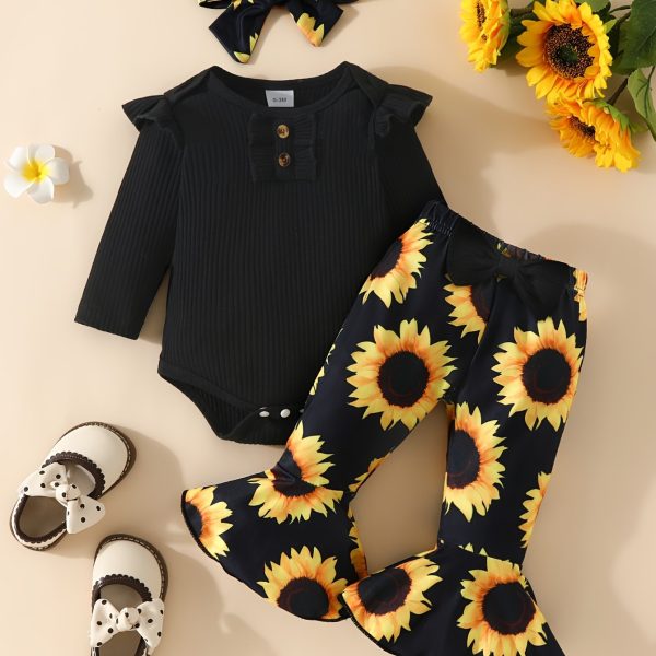 e9deab5686b488aacef951d6d03b54f6.jpg 3pcs Adorable Infant Baby Girl Outfit Set with Ruffle Ribbed Romper, Sunflower Print Pants, and Headband - Perfect for Playtime and Photos!