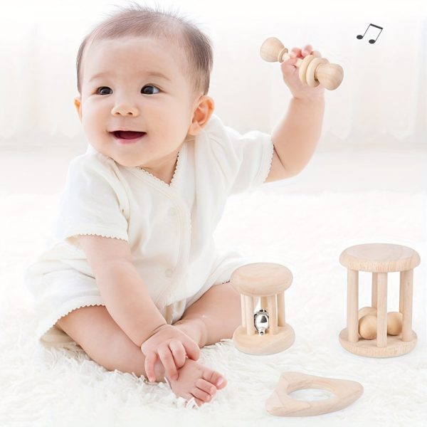 4 pieces Montessori Wooden Baby Rattle Set - Natural Teething Ring and Geometric Grab Toy - Perfect Gift for Infants and Toddlers on Christmas, Halloween, and Thanksgiving