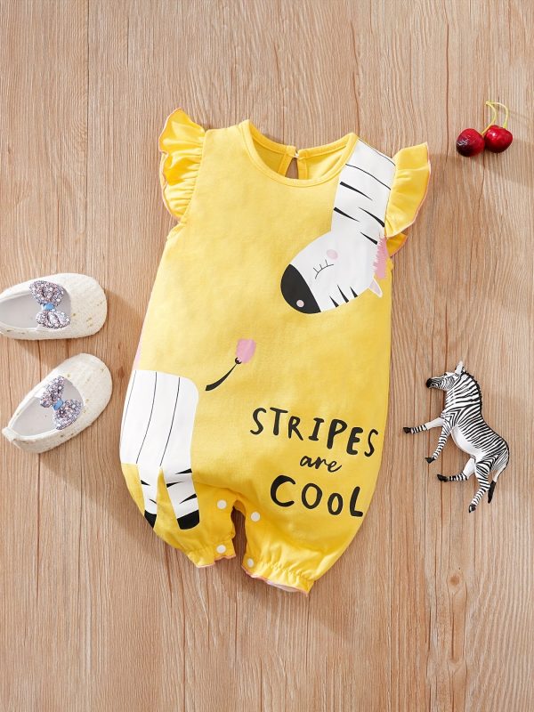 Newborn Infant Cute Cartoon Animal Printed Cotton Comfy Romper, Ruffled Sleeve Crew Neck Jumpsuit For Baby Girls, Summer Clothes