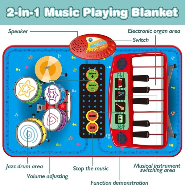 2 In 1 Musical Toys, Toddler Piano & Drum Mat With 2 Sticks, Musical Mats-Piano Keyboard & Drum, Learning Floor Blanket, Birthday Gifts For 1 2 3 Year Old Boys & Girls Baby Toys