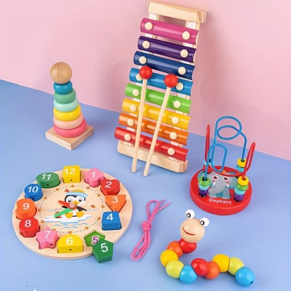 Five-in-one Baby And Toddler Early Education Toy Set, Clock Recognition Beaded Winding Beads Stacking Tower Eight-tone Xyiophone Twist Insect Montessori Early Education Activity Toy